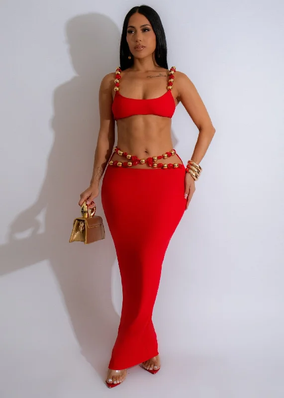 Golden Glamour Beaded Skirt Set Red