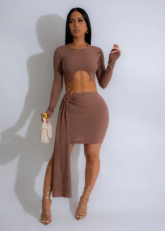 Deep In Love Ribbed Skirt Set Brown