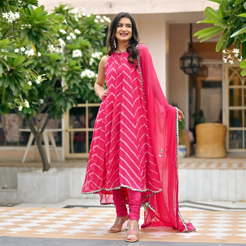 Bunaai Bright Pink Chiffon Leheriya Suit Set