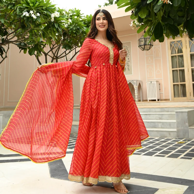 Bunaai Red Leheriya Dress with Dupatta