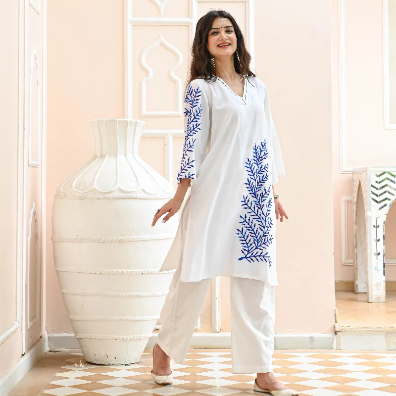 Bunaai White Blue Embroidered Co-ord Set