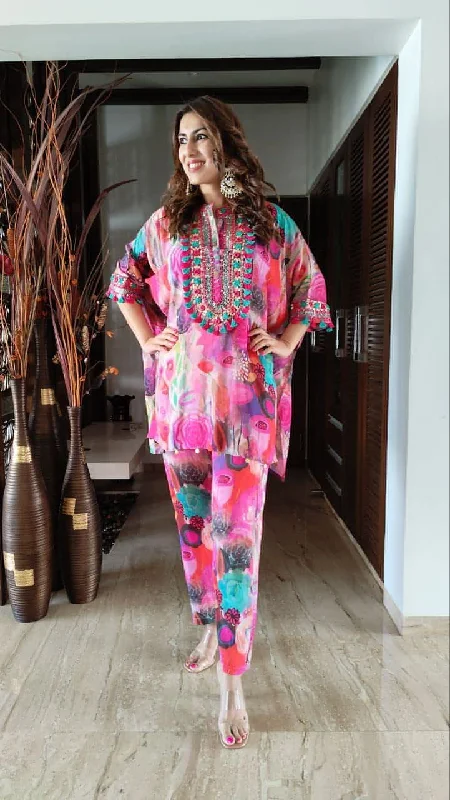 Pink Heavy Neck Kaftan Co ord Set