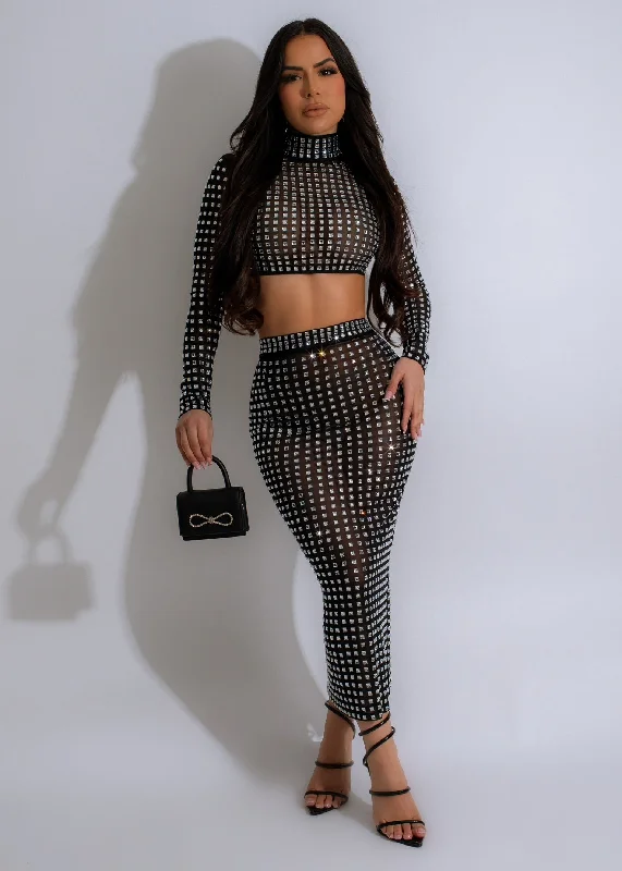 Manifesting Mesh Rhinestones Skirt Set Black