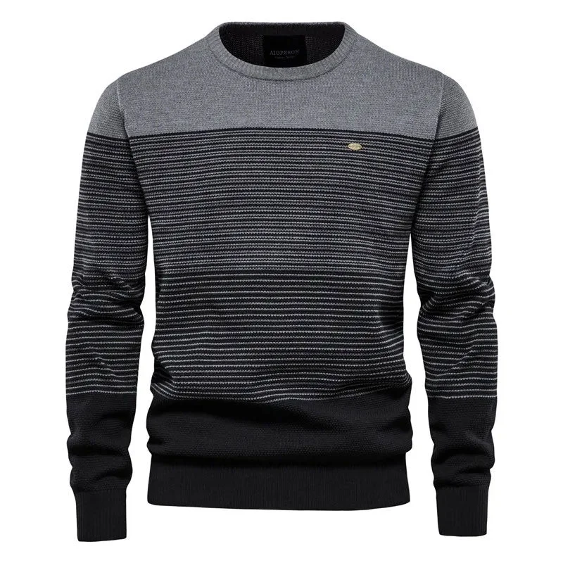 Vintage Crew Neck Long Sleeve Winter Men Color Panel Striped Pullover Sweater