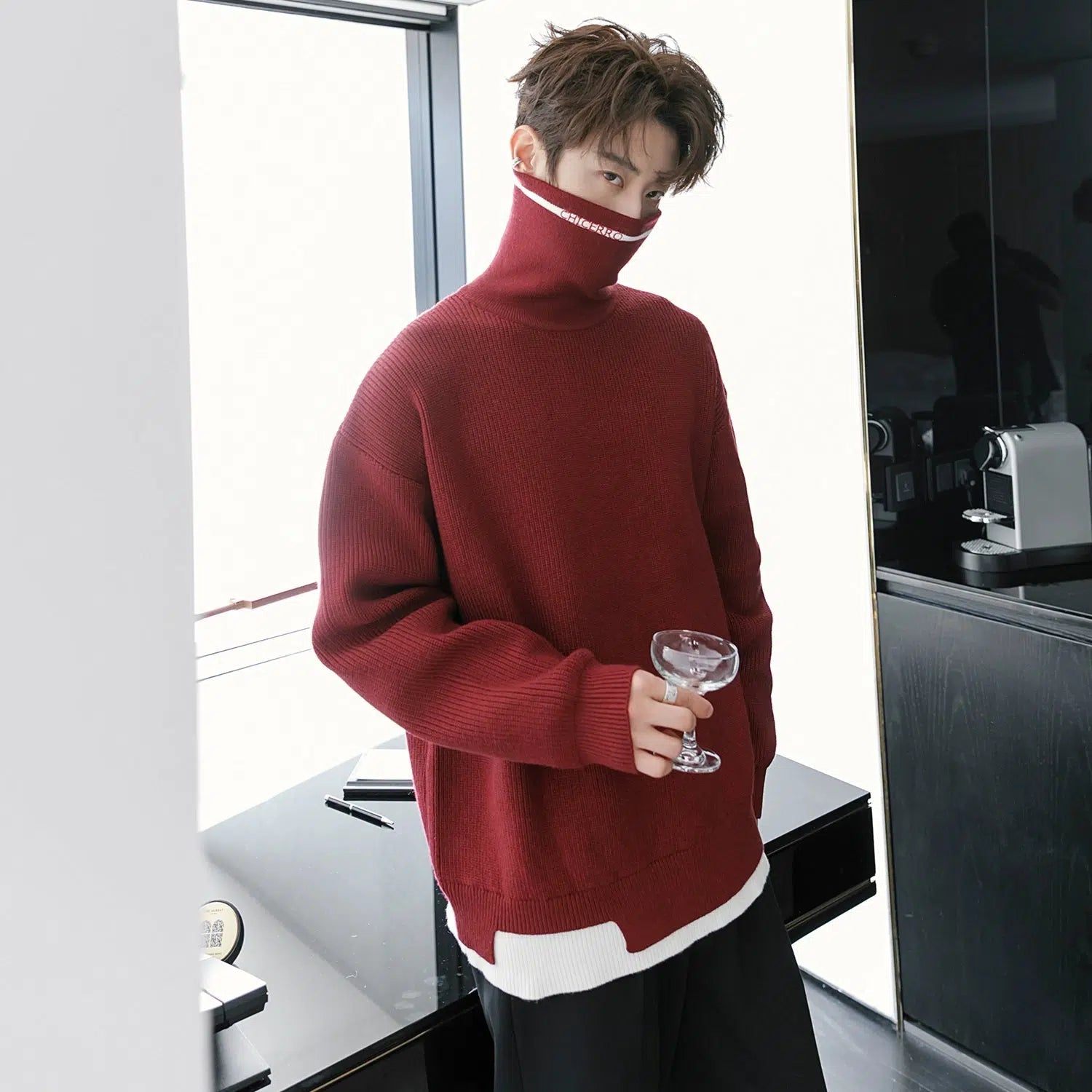 Turtleneck Knit Sweater with Contrast Hem