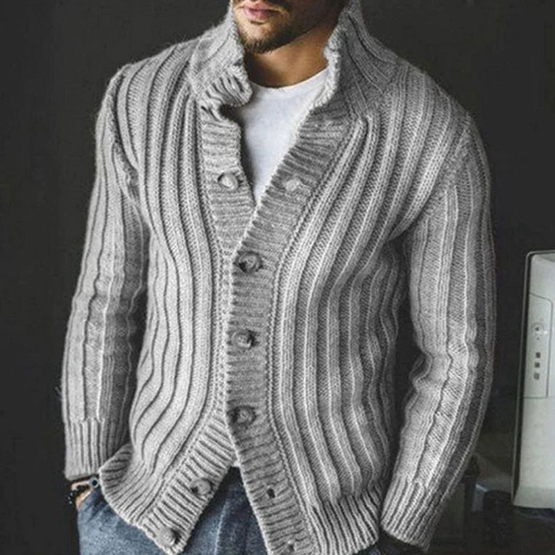 Refine High neck button Up Long Sleeve Men Chunky Rib Knit Cardigan