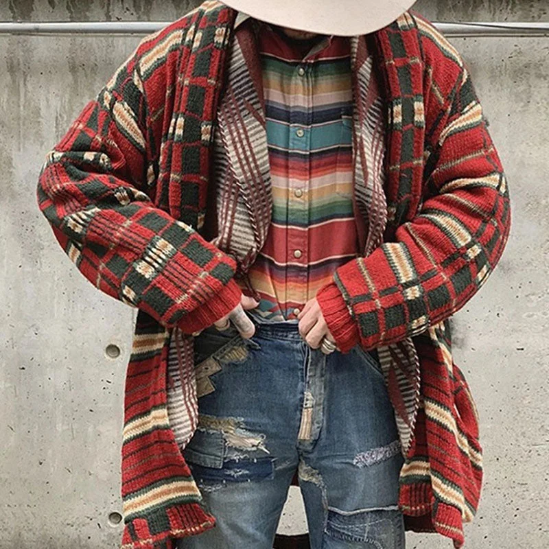 Christmas Checked Striped Shawl Collar Open Front Men Winter Long Knit Cardigan