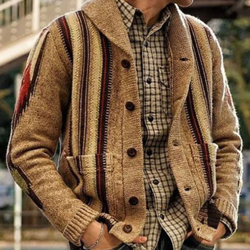 Vintage Striped Jacquard Shawl Collar Button Front Pocket Winter Men Cardigan