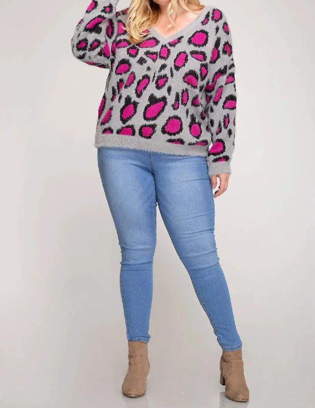 Leopard V Back Plus Sweater In Hot Pink/grey