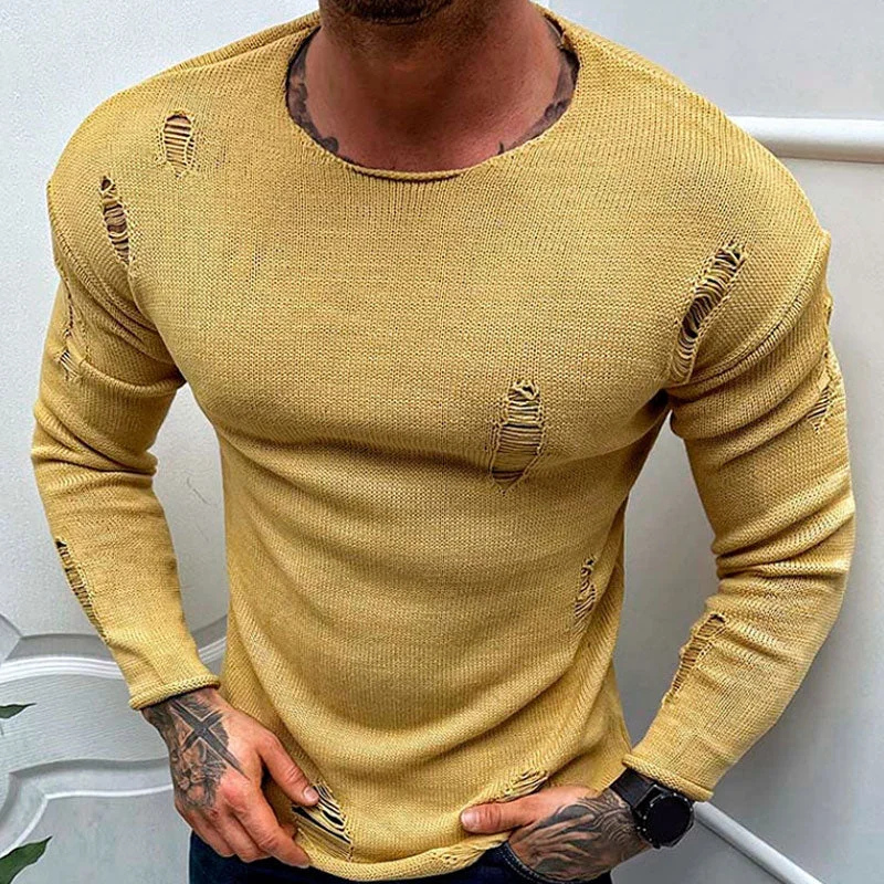 Stylish Distressed Knit Round Neck Long Sleeve Men Pullover Sweater