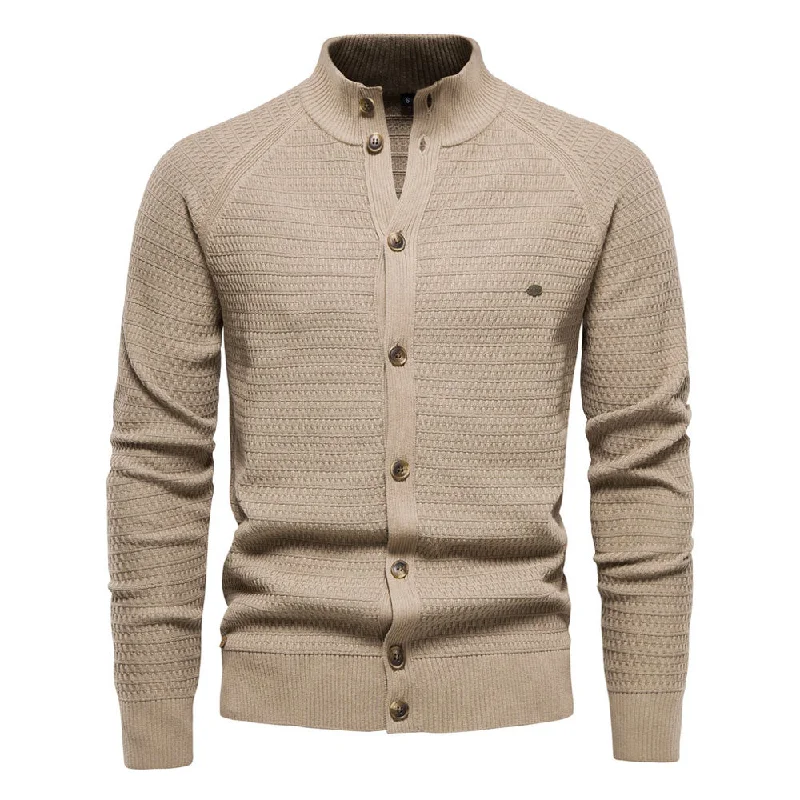 Cool High Neck Long Sleeve Textured Knit Winter Men Button Up Cardigan