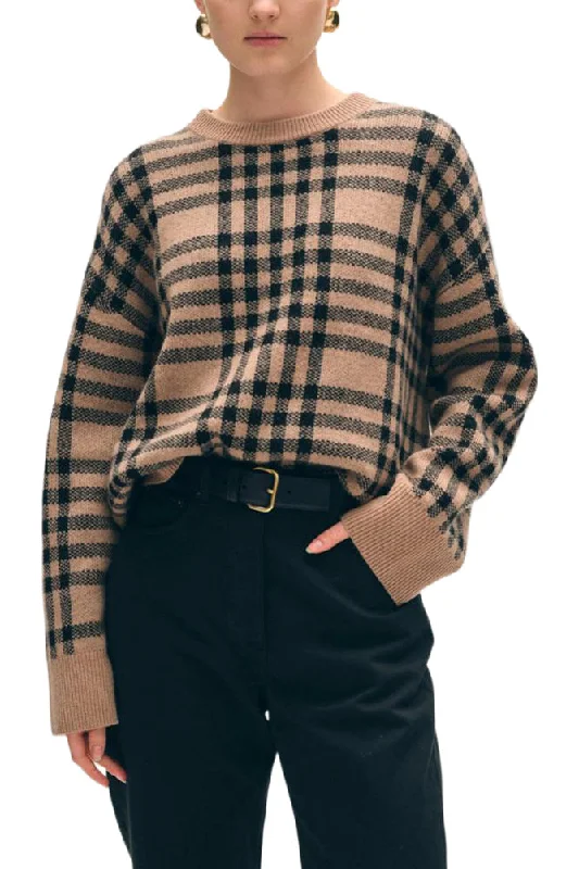 White & Warren Cashmere Plaid Crewneck in True Camel - Black