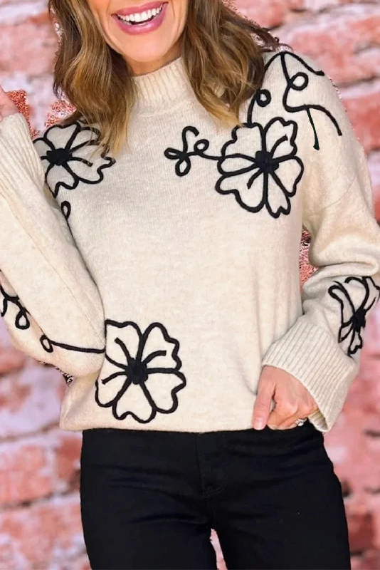 Beige 60s Flower Mock Neck Knit Sweater