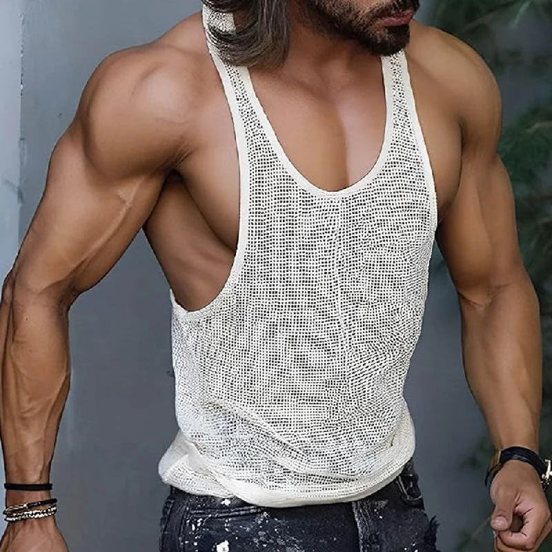 Tasteful Solid Color Sheer Knit Scoop Neck Sleeveless Men Sweater Vest