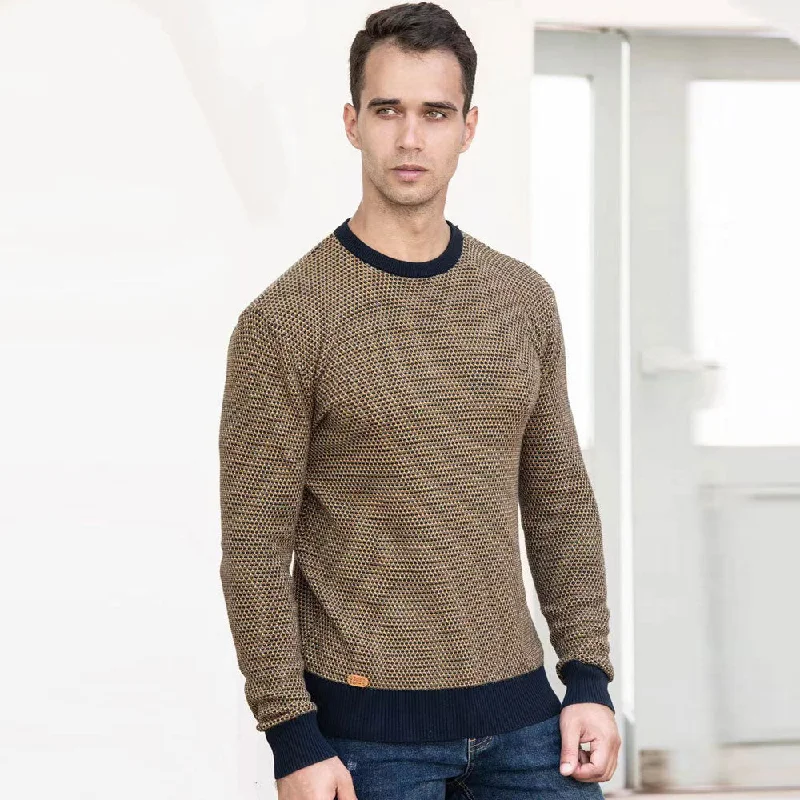 Vintage Crew Neck Long Sleeve Winter Men Color Panel Marled Knit Pullover Sweater