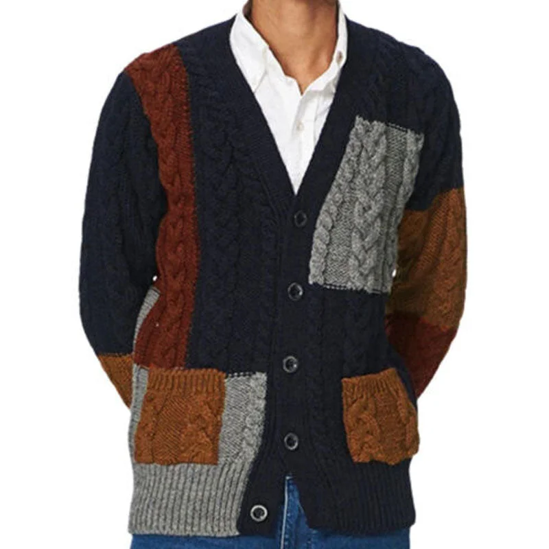 Vintage V Neck Button Up Pocket Trim Men Winter Patchwork Cable Knit Cardigan