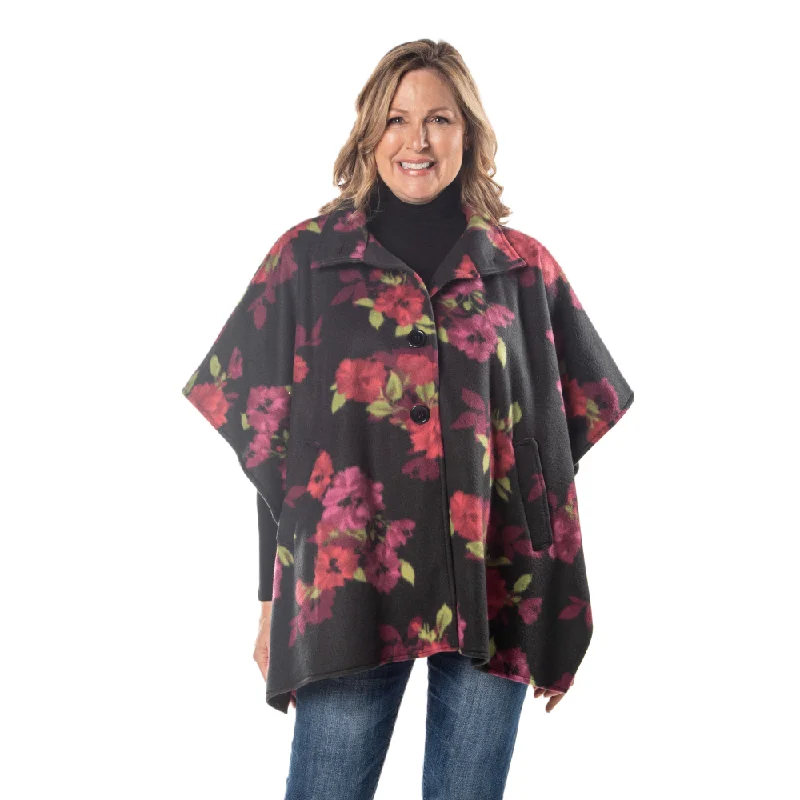 Bridget High Neck 4 Button Floral Fleece Cozy Coat Cape