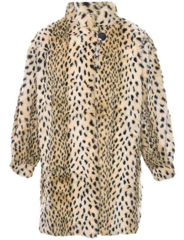 Leopard Pattern Faux Fur Coat - L