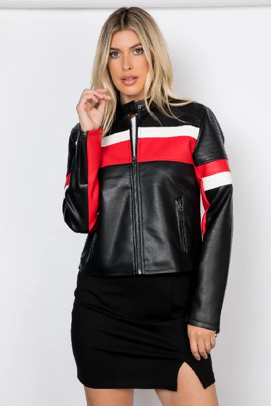 Vegan Leather Racing Jacket with Zipper