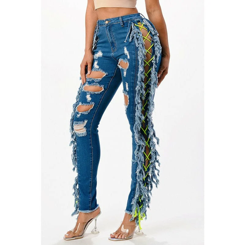 Destroyed Side Fringe Lace Up Denim Pants