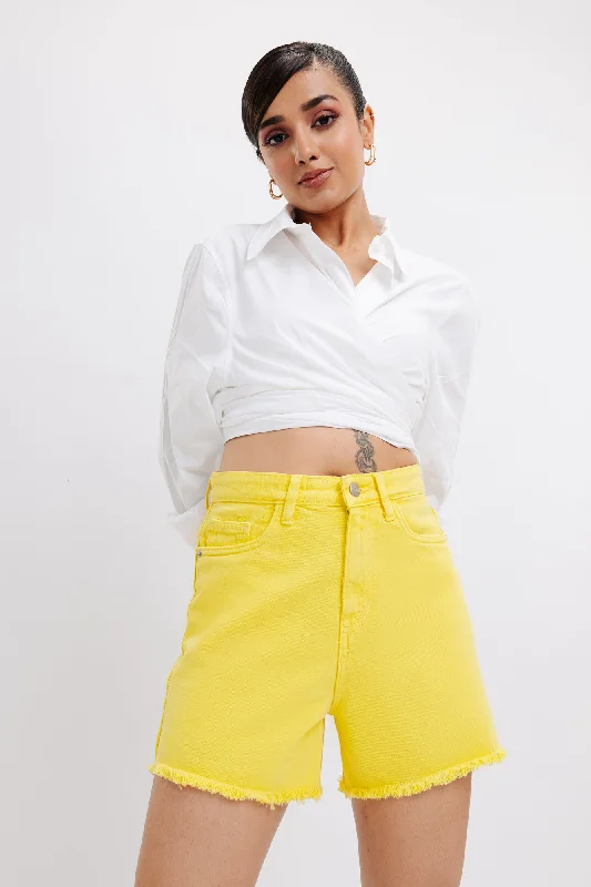 Yellow Frayed Hem Shorts