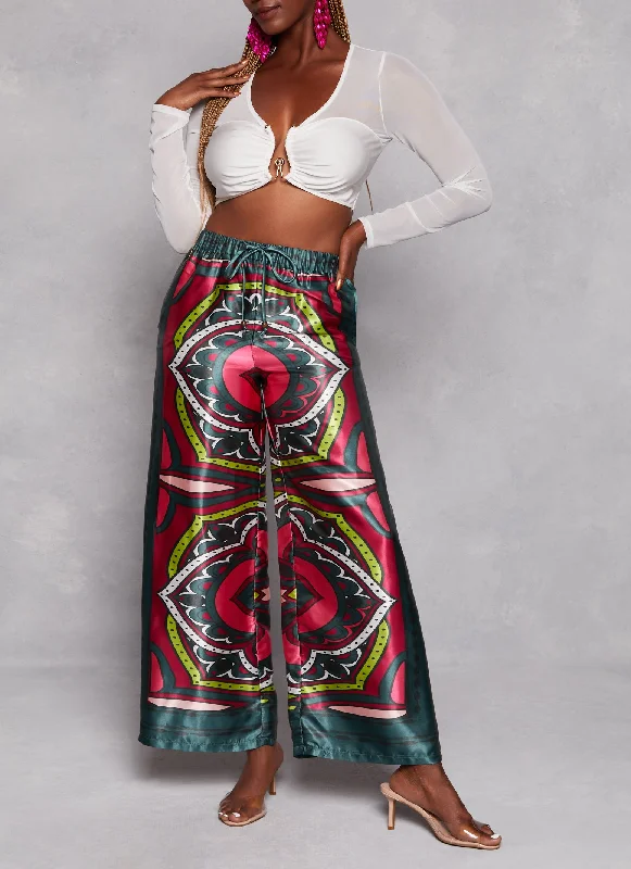 Satin Border Printed Wide Leg Pants